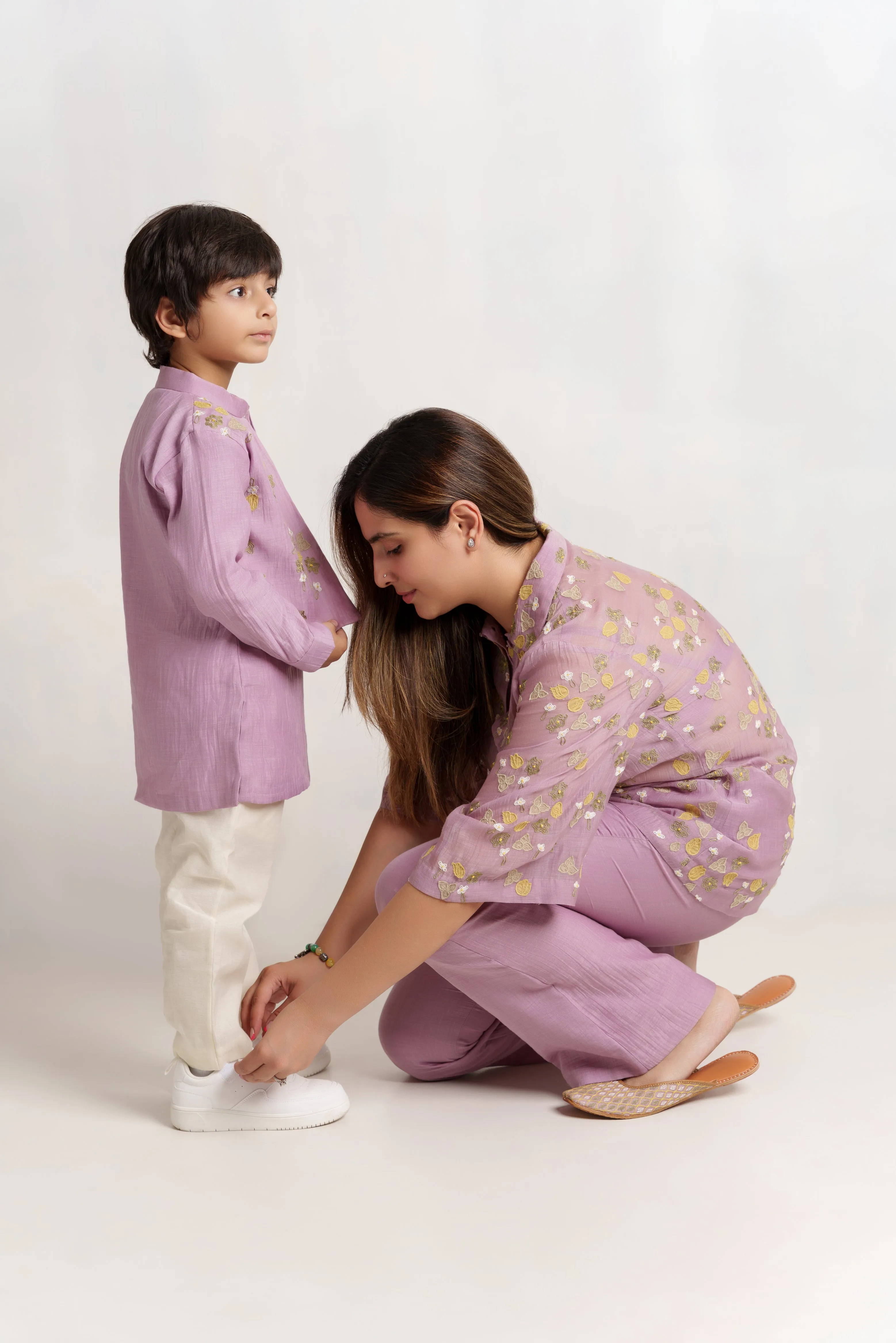 Lavender chanderi silk hand embroidered shirt and kurta set for mother and boy