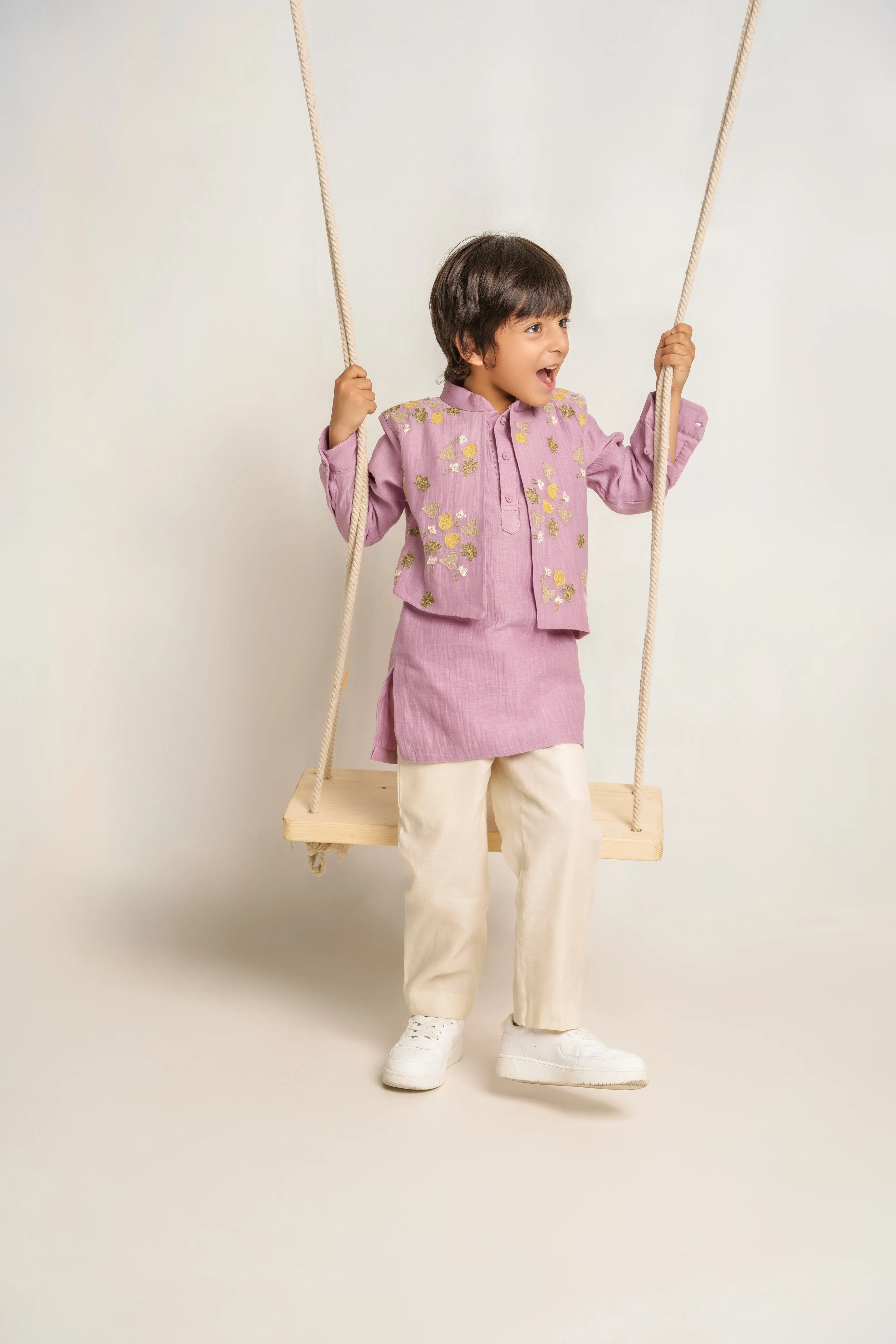 Lavender chanderi silk hand embroidered shirt and kurta set for mother and boy