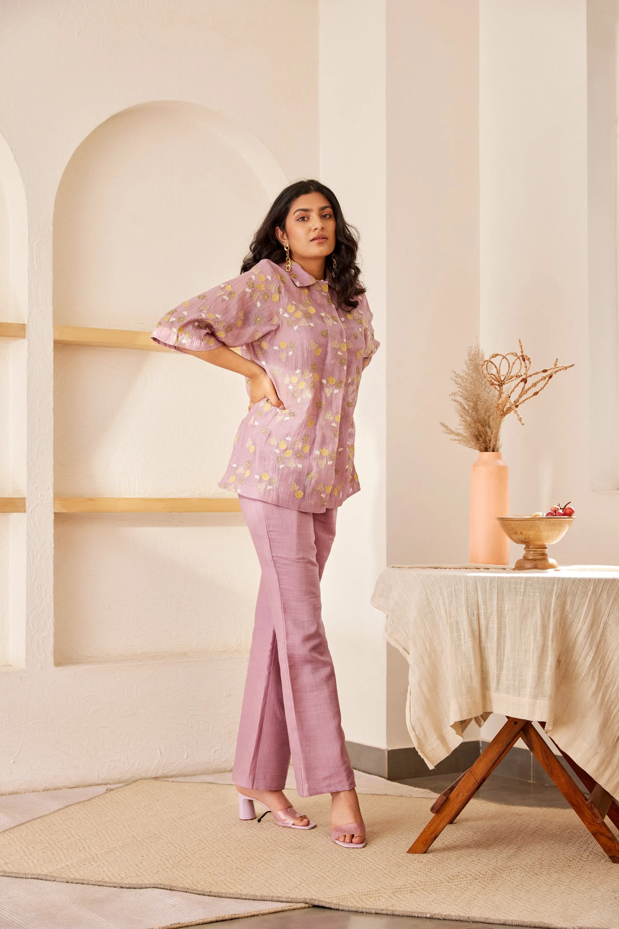 Lavender chanderi silk hand embroidered shirt and kurta set for mother and boy