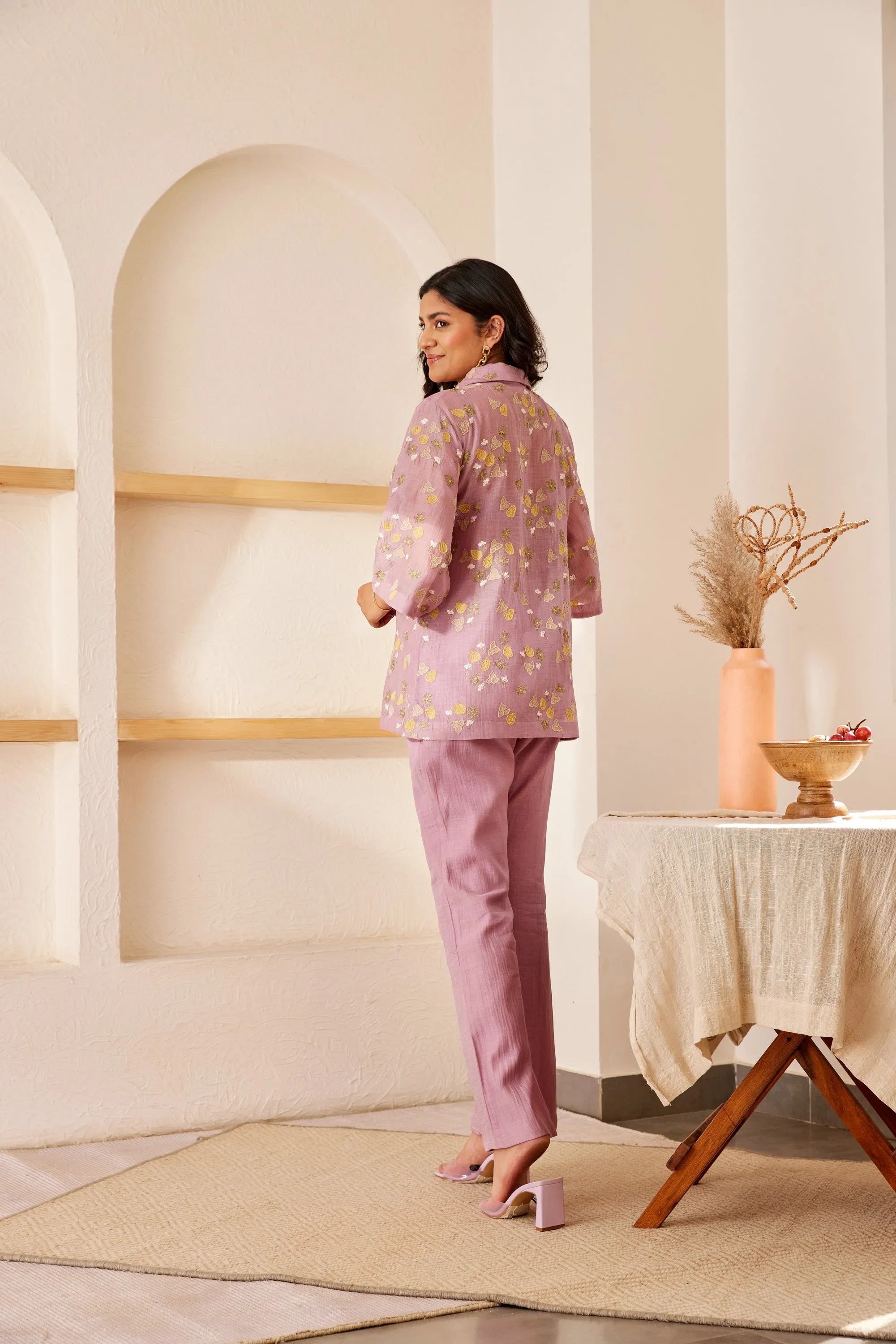 Lavender chanderi silk hand embroidered shirt and kurta set for mother and boy