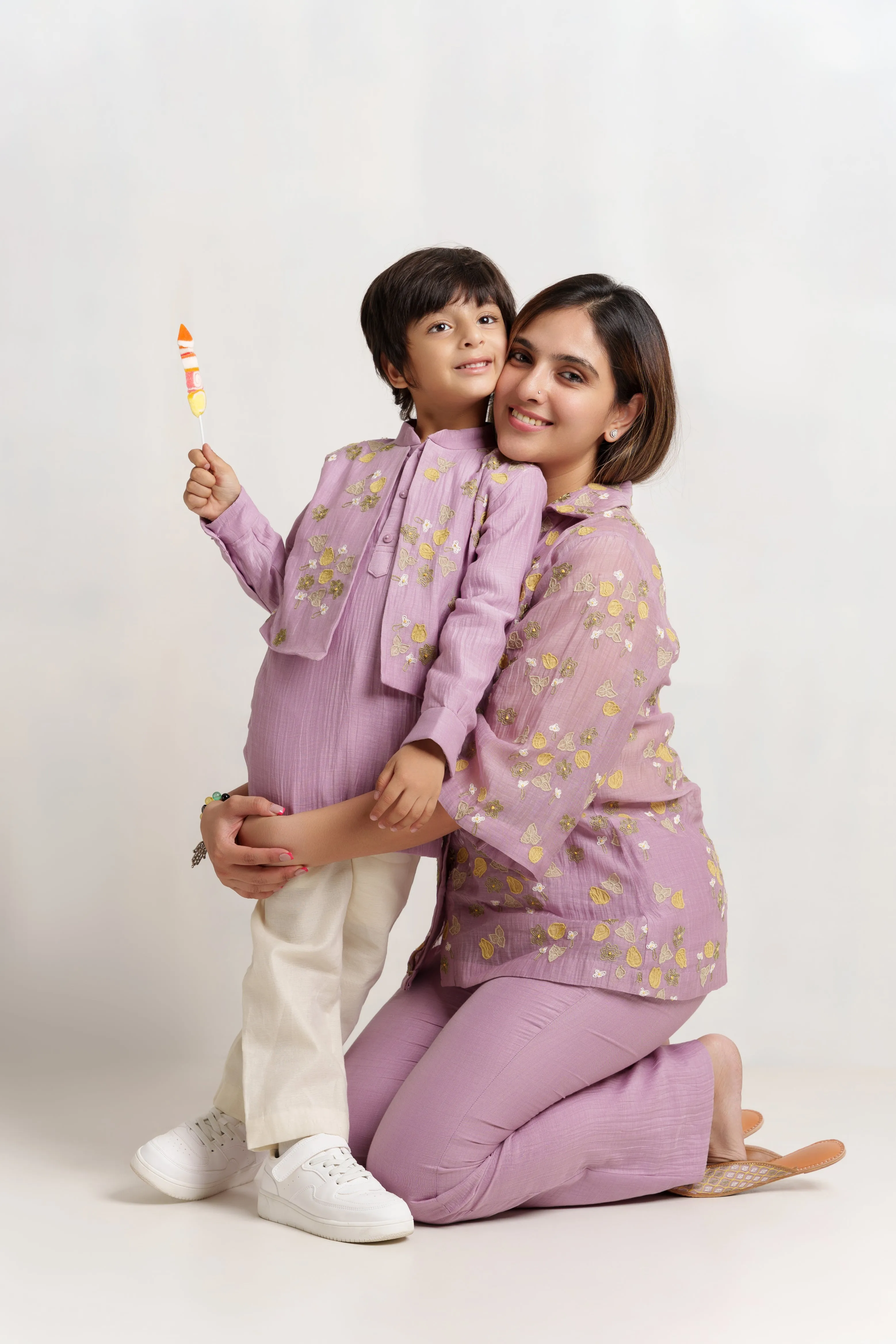 Lavender chanderi silk hand embroidered shirt and kurta set for mother and boy