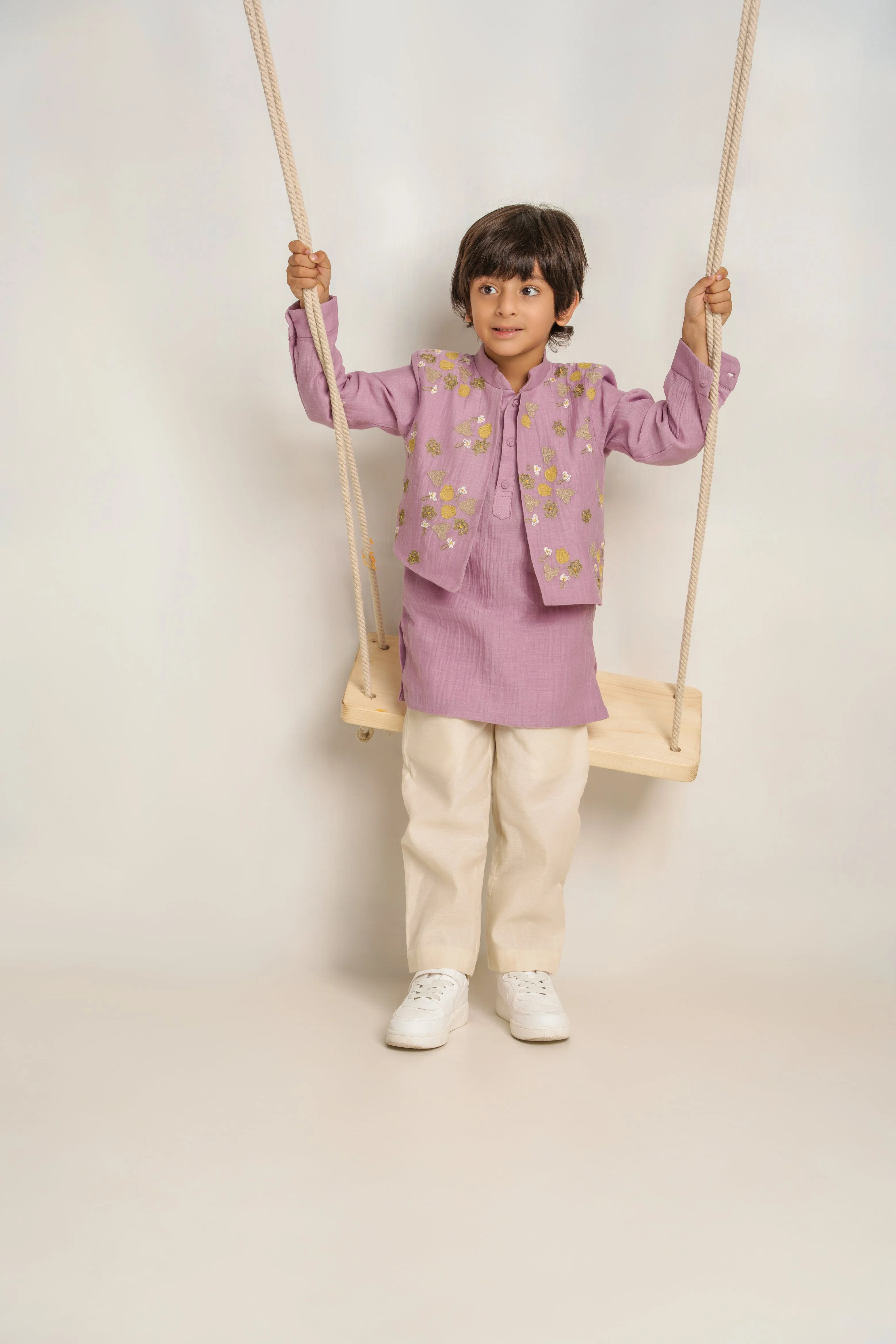 Lavender chanderi silk hand embroidered shirt and kurta set for mother and boy