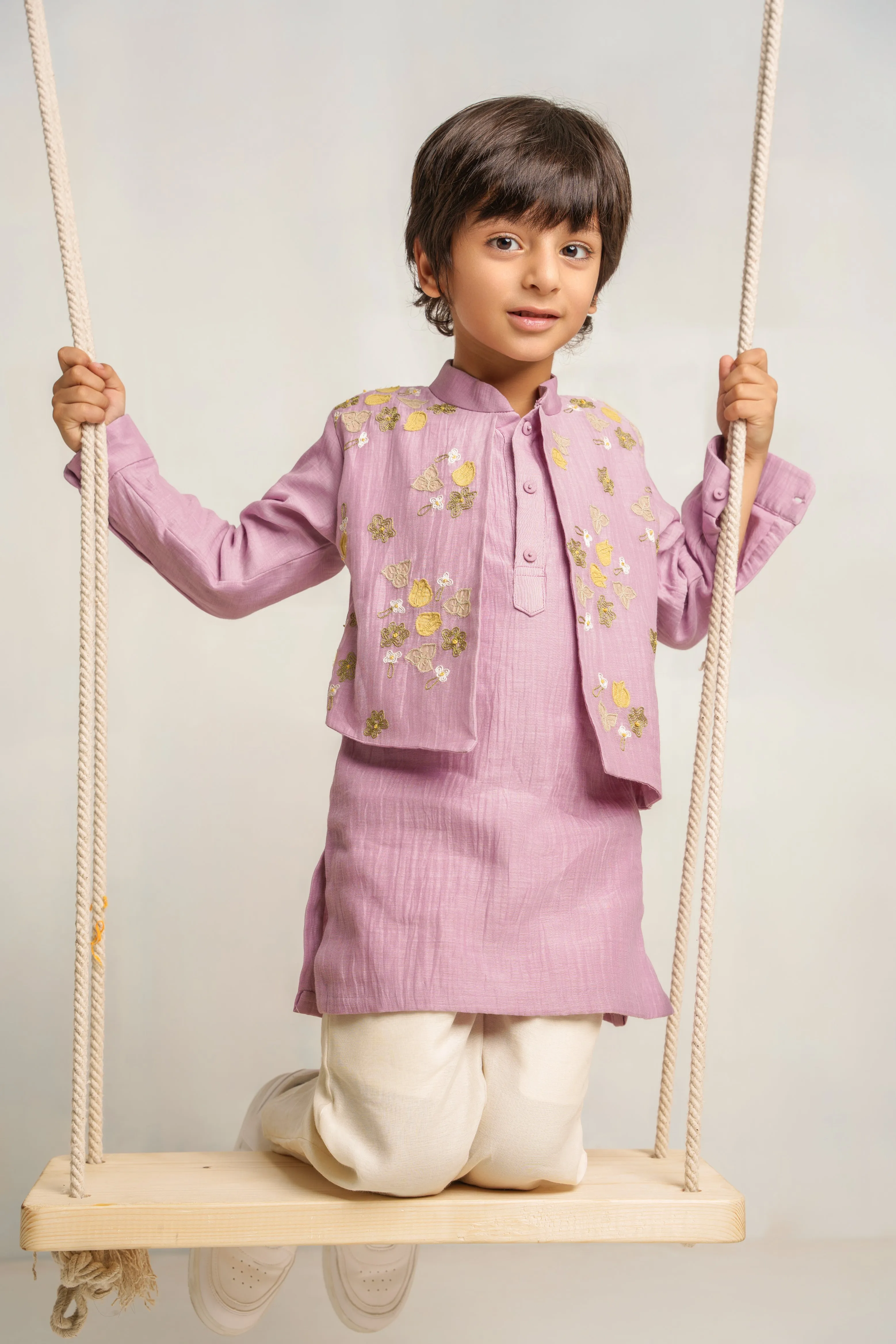 Lavender chanderi silk hand embroidered shirt and kurta set for mother and boy