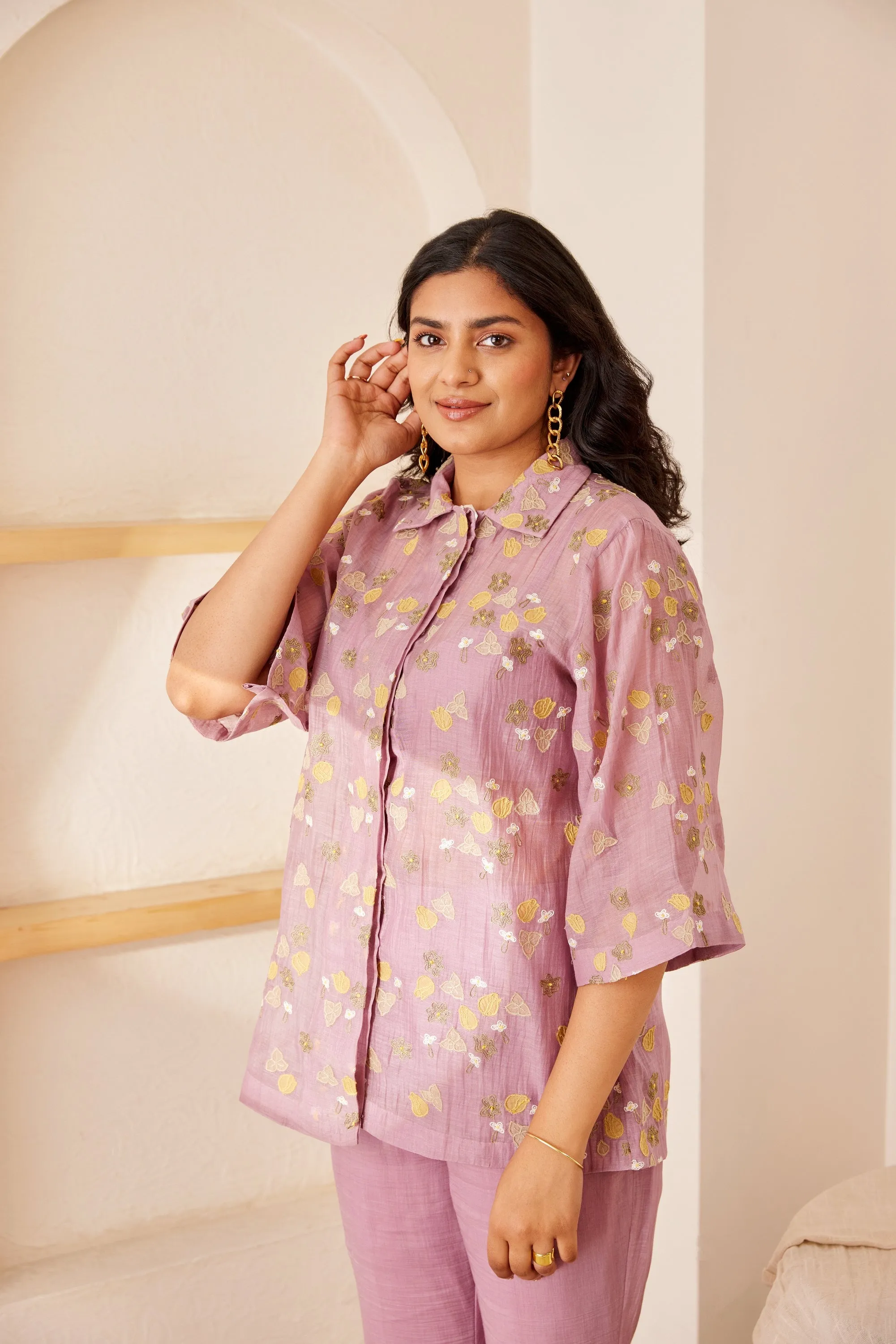 Lavender chanderi silk hand embroidered shirt and kurta set for mother and boy