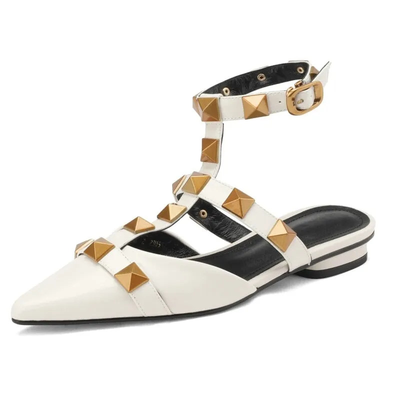 Leather T Strap Rockstud Ankle-strap Flat Sandals Point Toe Slingback in Golden/Beige/Black