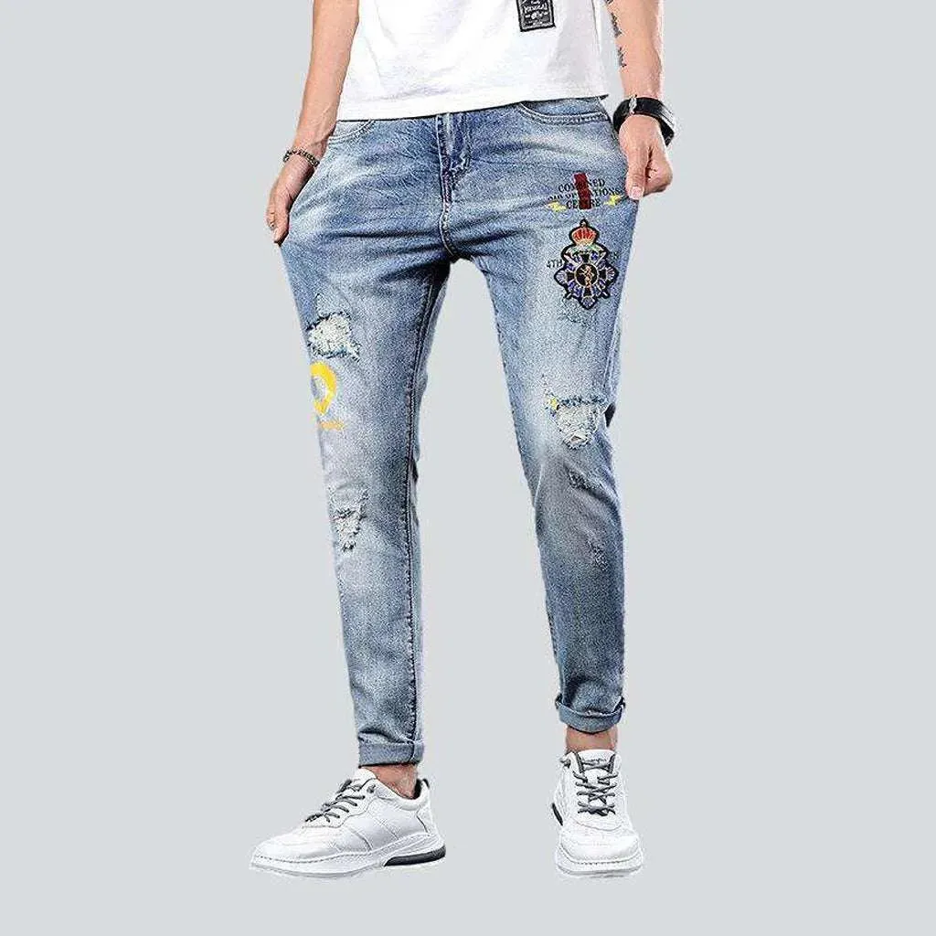 Light blue embroidery men's jeans