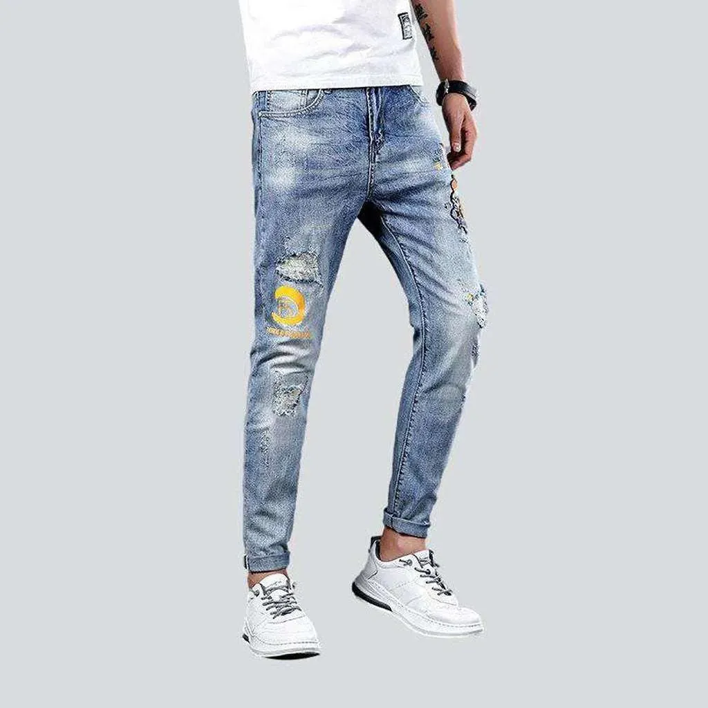 Light blue embroidery men's jeans