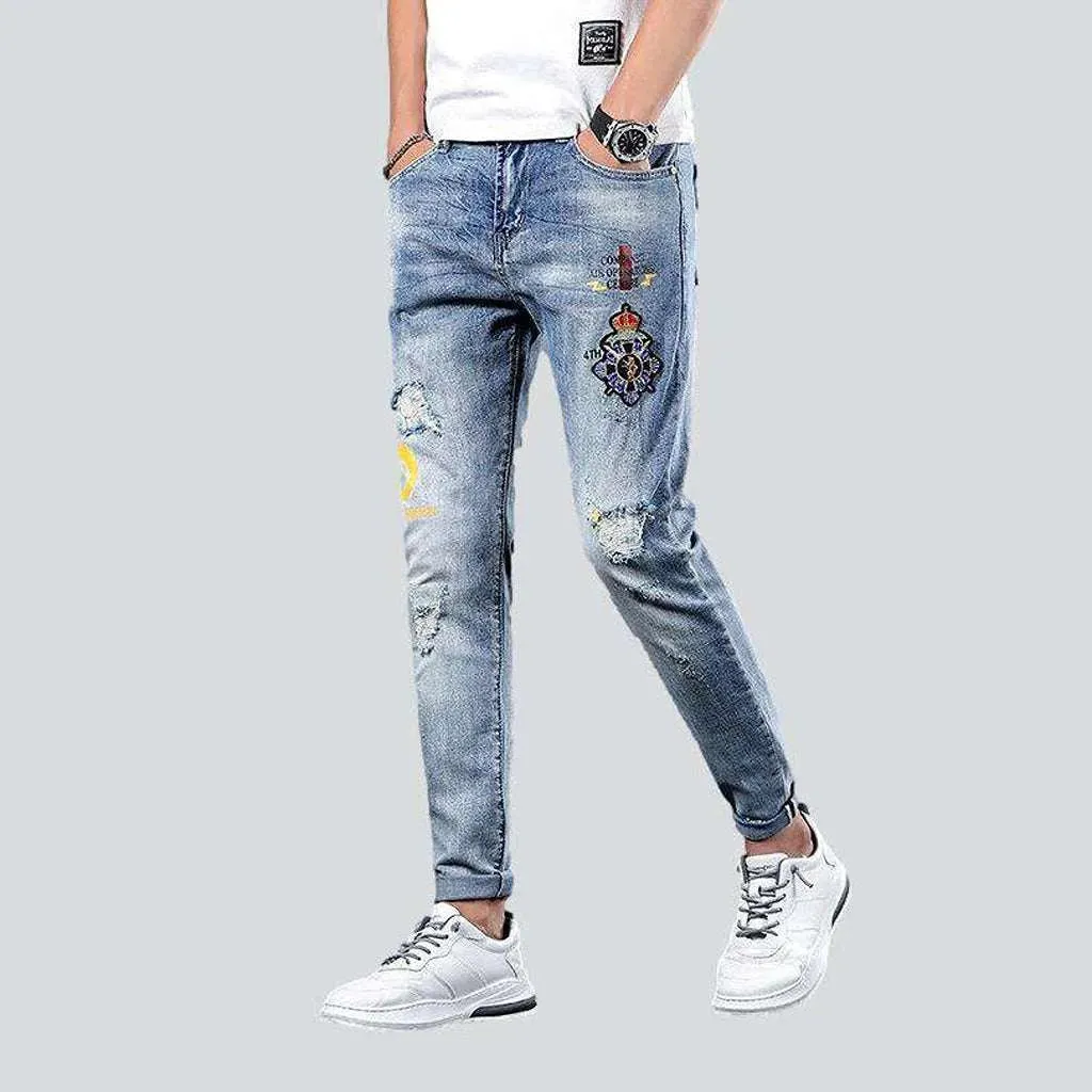 Light blue embroidery men's jeans