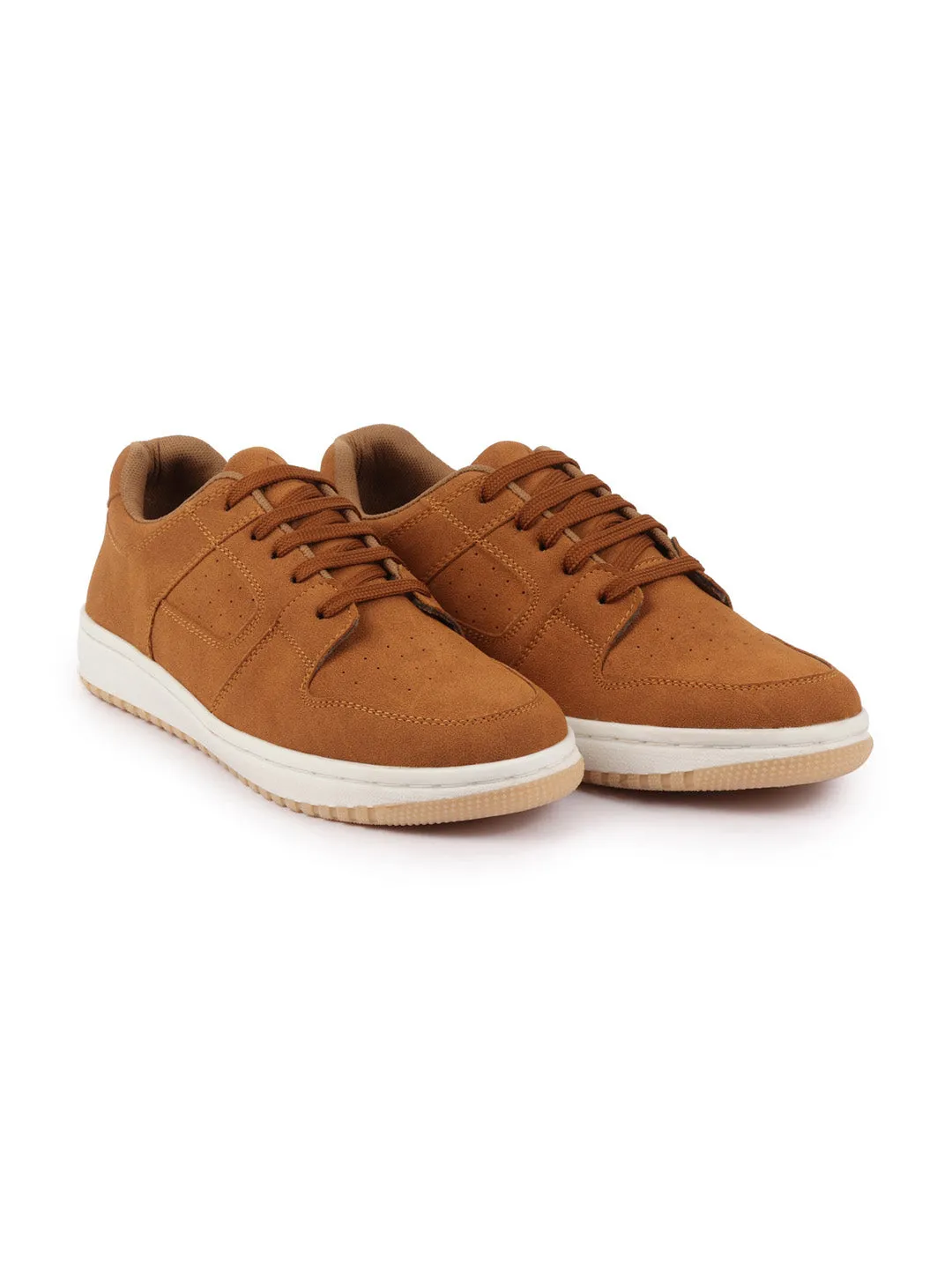 Men Tan Classic Lace Up Low Ankle Breathable Sneaker Shoe|Contrast With White Sole Casual Shoe Sneaker