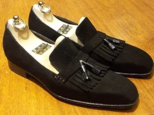 Men's Handmade Black Suede Fringe Tussles Loafers Shoe