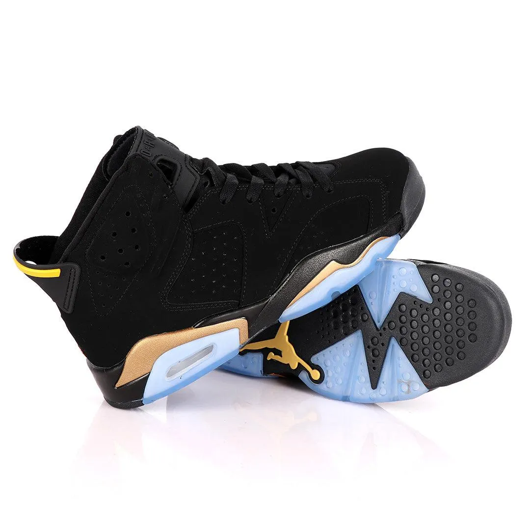 Original Air Jordan 6 Retro Black Suede Sneakers With Classic Gold And Blue Designs