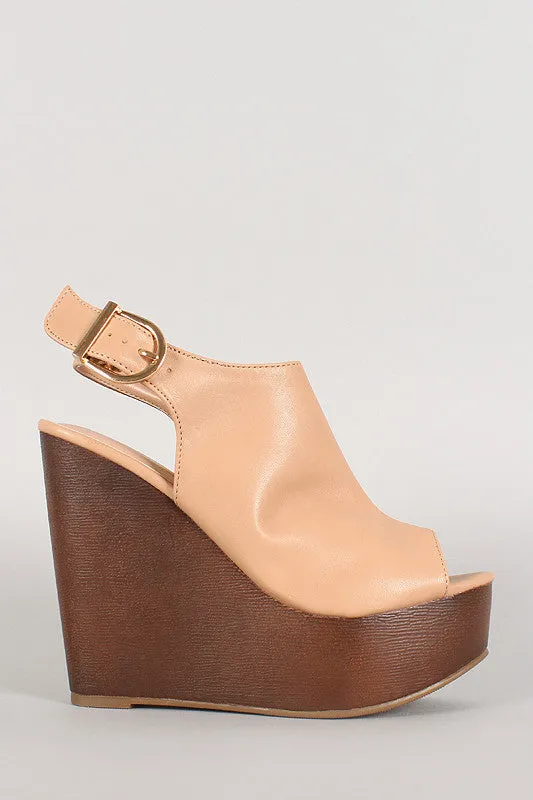 Peep Toe Faux Wood Sling Back Mule Wedge