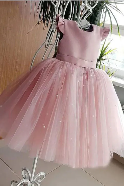 Pink Ball Gown Cap Sleeves Tulle Flower Girl Dress, Floor Length Children Dress UQF0002