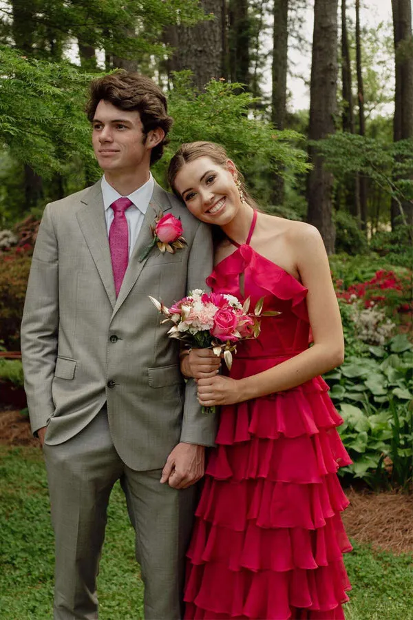 Pretty Halter Neck Ruffle Fuchsia Long Prom Dress  PSK577