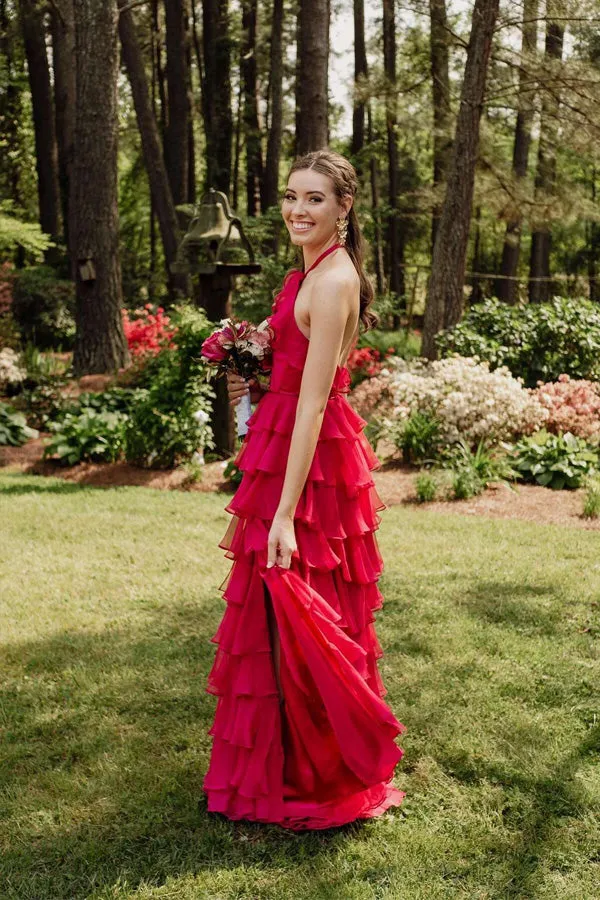 Pretty Halter Neck Ruffle Fuchsia Long Prom Dress  PSK577