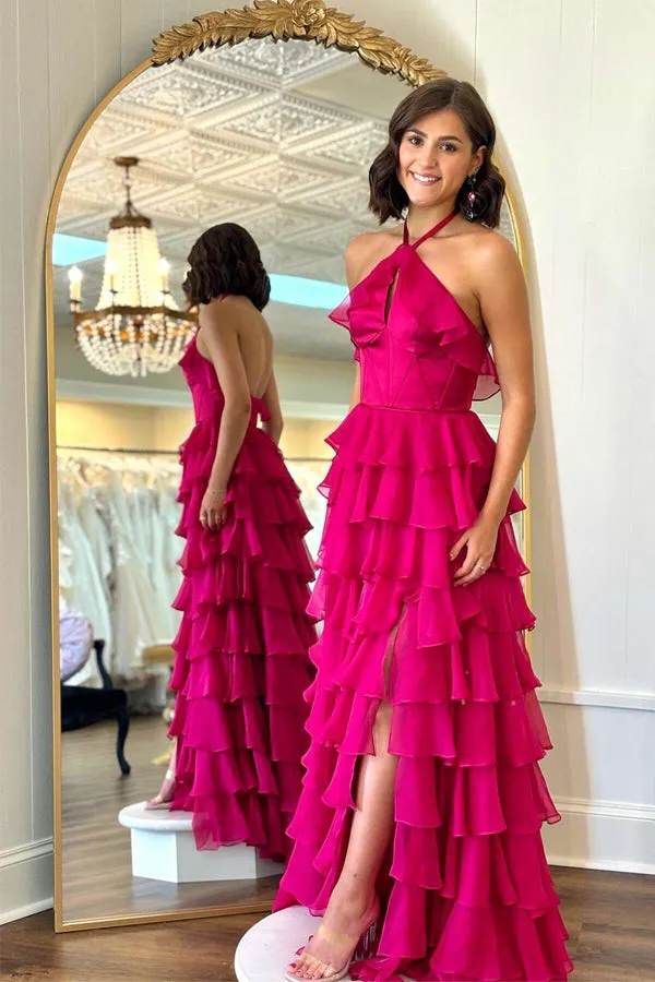 Pretty Halter Neck Ruffle Fuchsia Long Prom Dress  PSK577