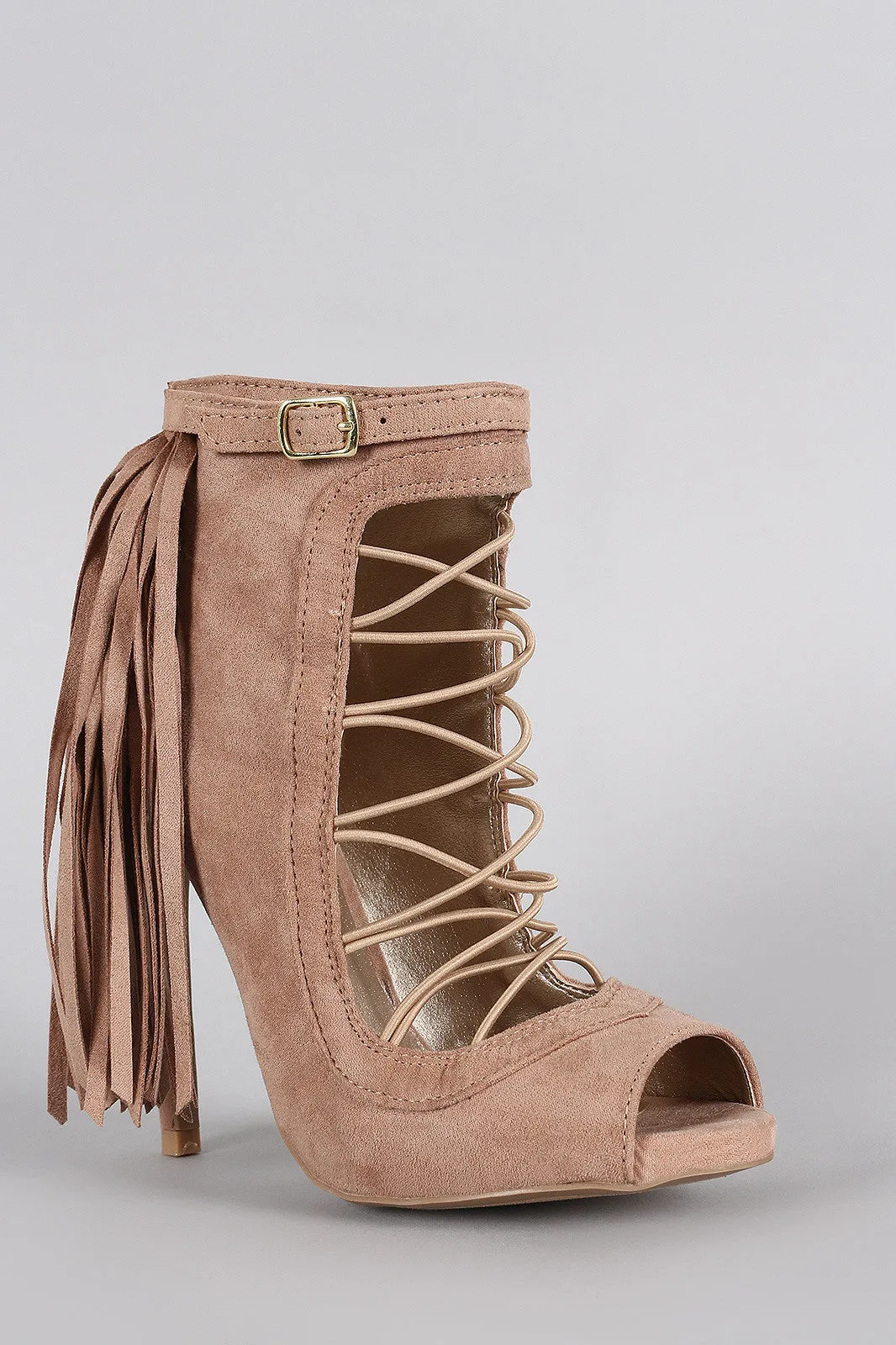 Qupid Suede Fringe Strappy Elastic Cutout Peep Toe Booties