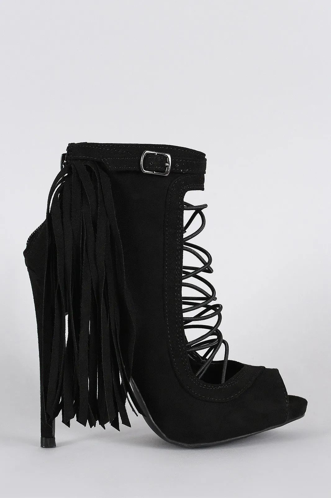 Qupid Suede Fringe Strappy Elastic Cutout Peep Toe Booties