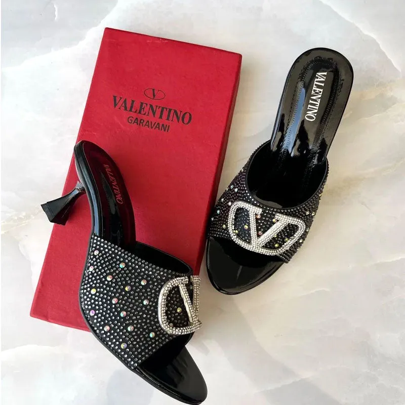 Rhinestone Decor V Logo Party Wear Kitten Heel Sandal