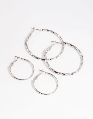 Rhodium Plain Text Hoop Earring Set