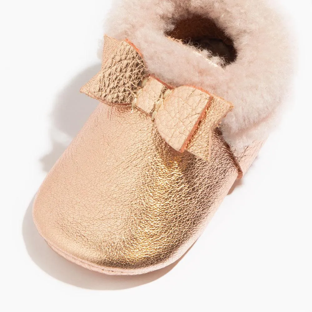 Rose Gold with Pink Shearling Bow Baby Shoe