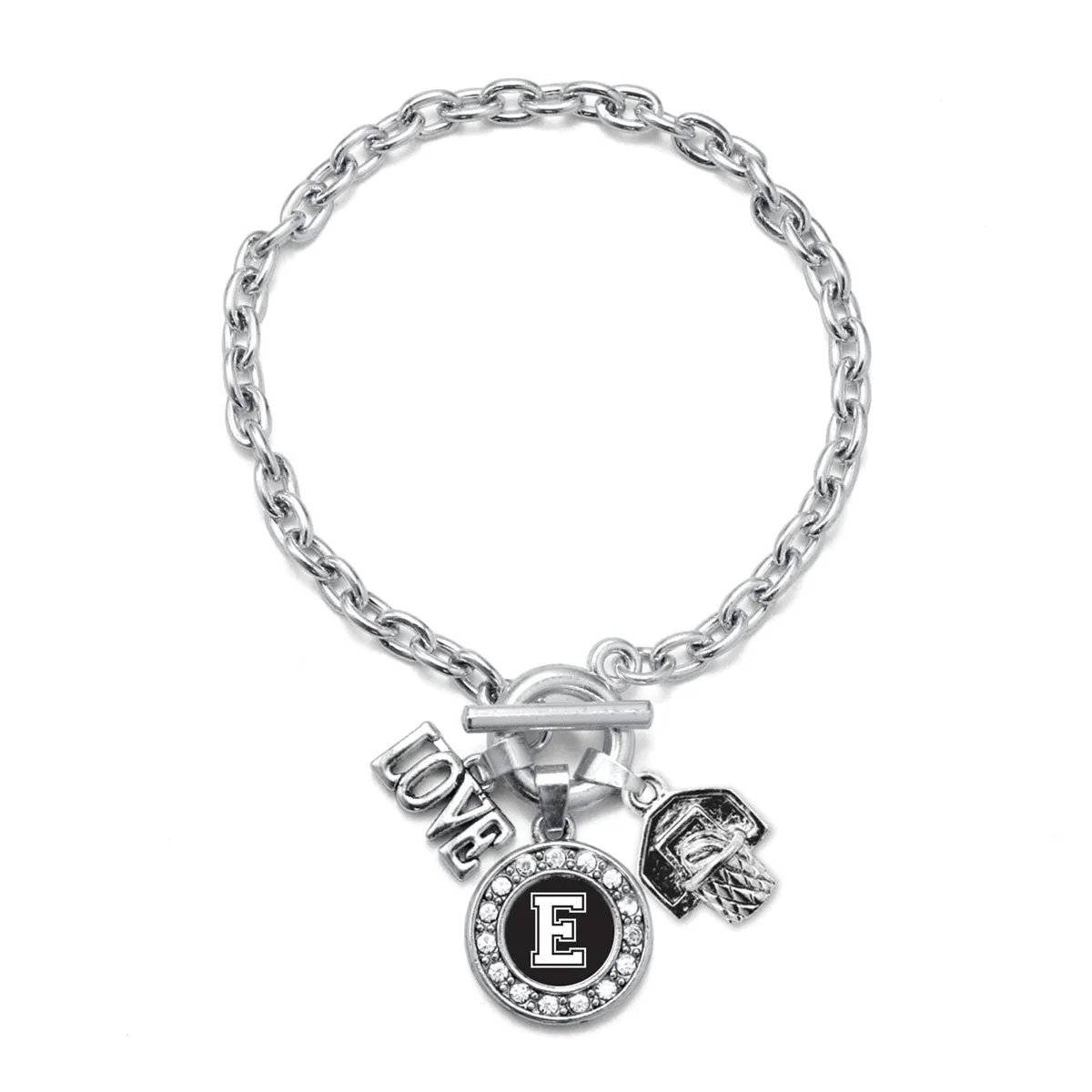 Silver Basketball Hoop - Sports Initial E Circle Charm Toggle Bracelet