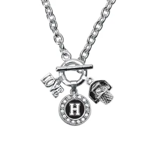 Silver Basketball Hoop - Sports Initial H Circle Charm Toggle Necklace