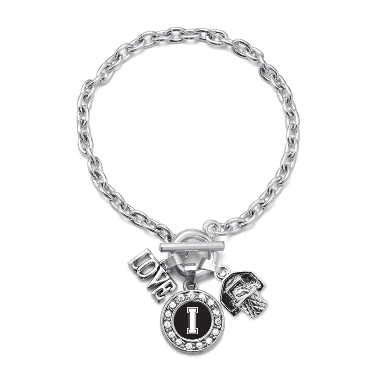 Silver Basketball Hoop - Sports Initial I Circle Charm Toggle Bracelet