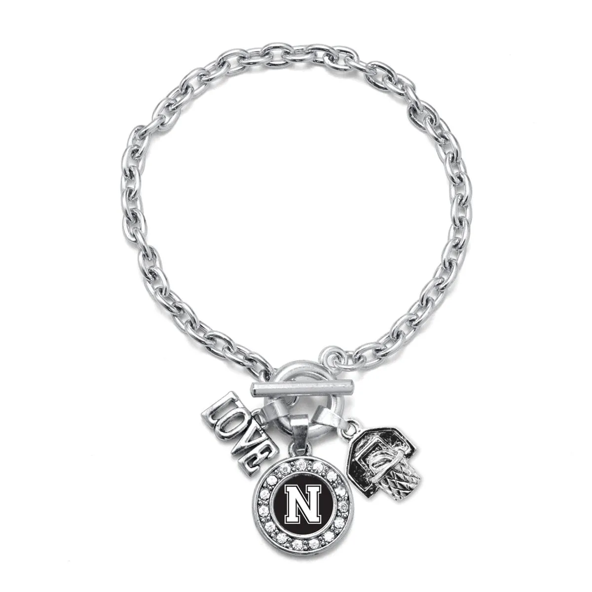 Silver Basketball Hoop - Sports Initial N Circle Charm Toggle Bracelet