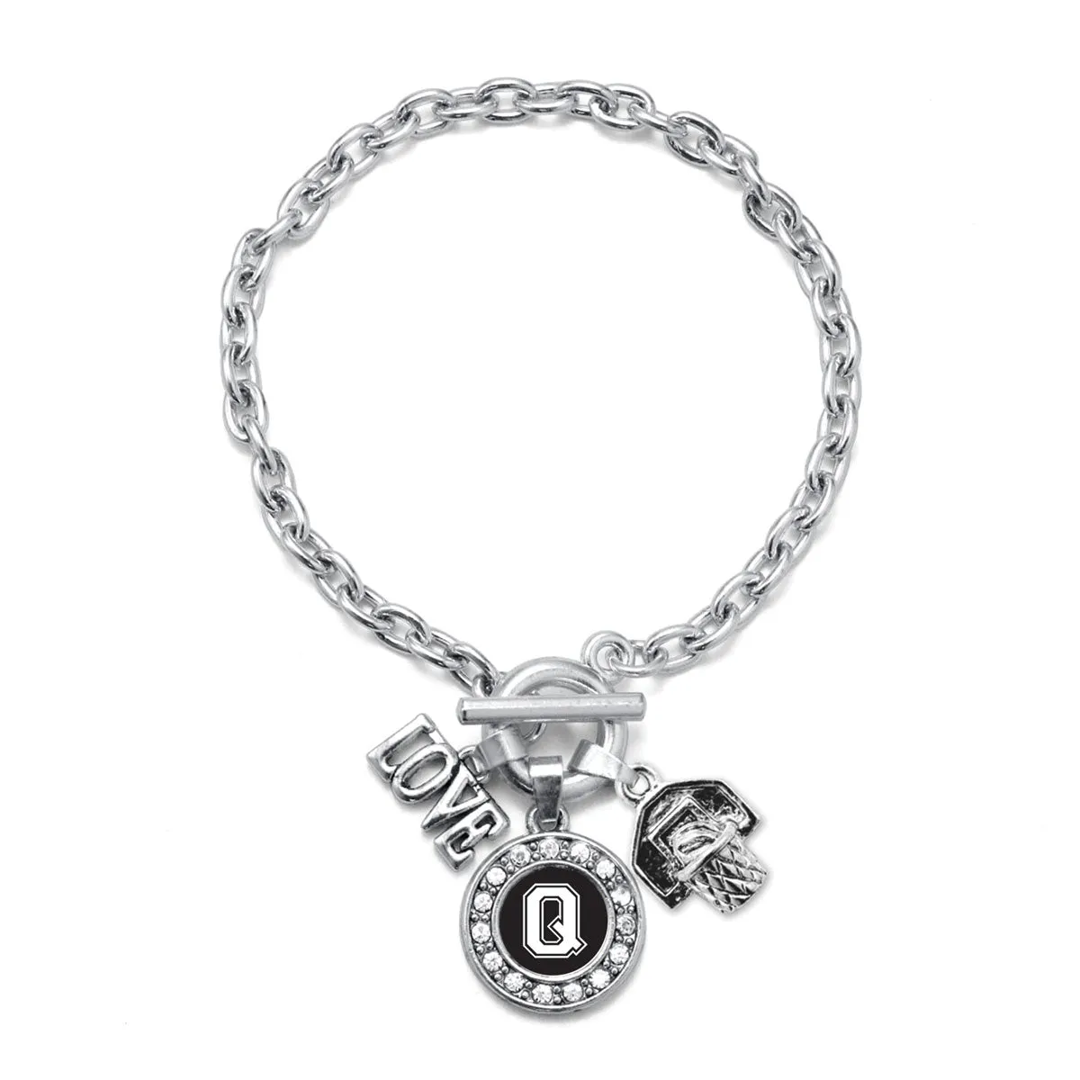 Silver Basketball Hoop - Sports Initial Q Circle Charm Toggle Bracelet