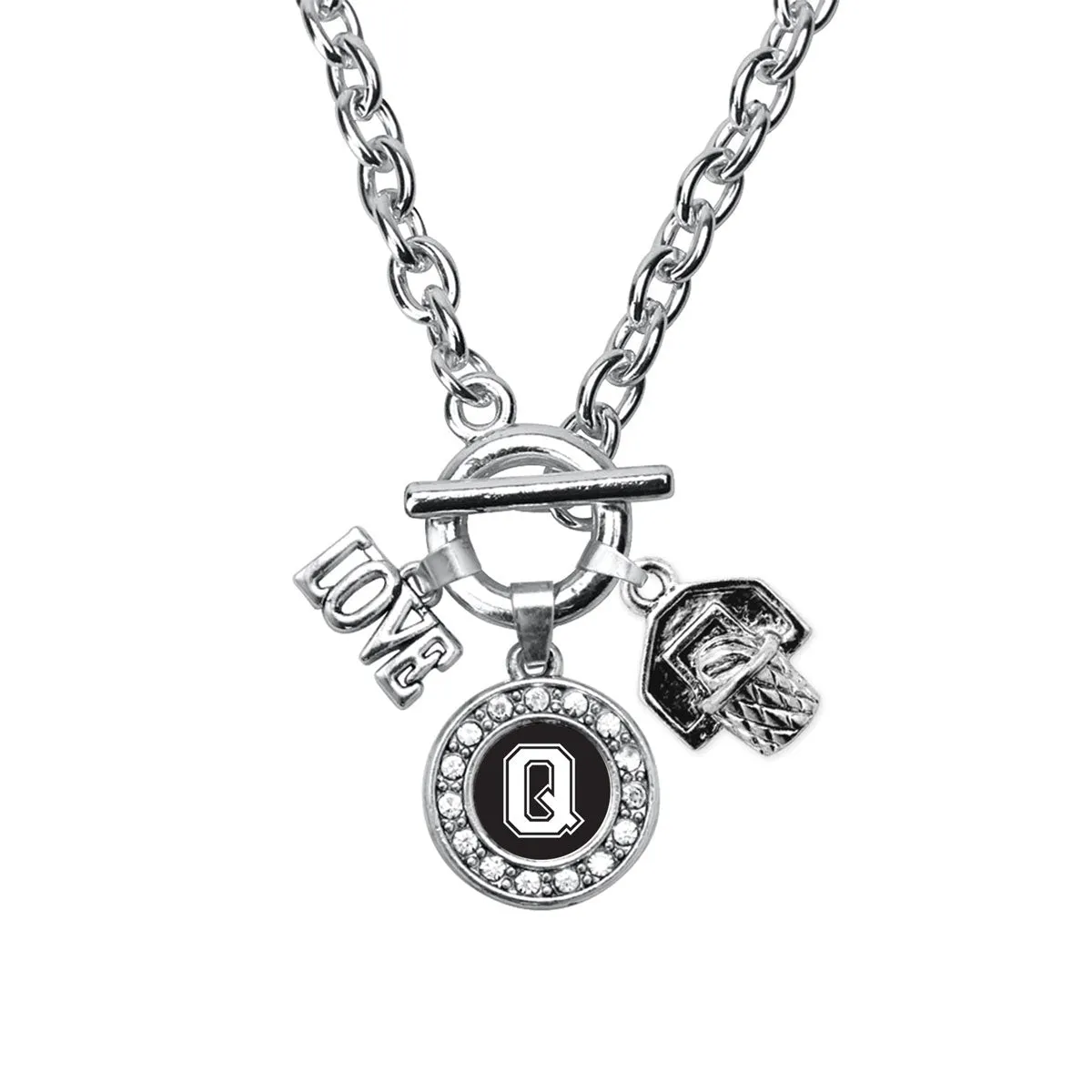 Silver Basketball Hoop - Sports Initial Q Circle Charm Toggle Necklace