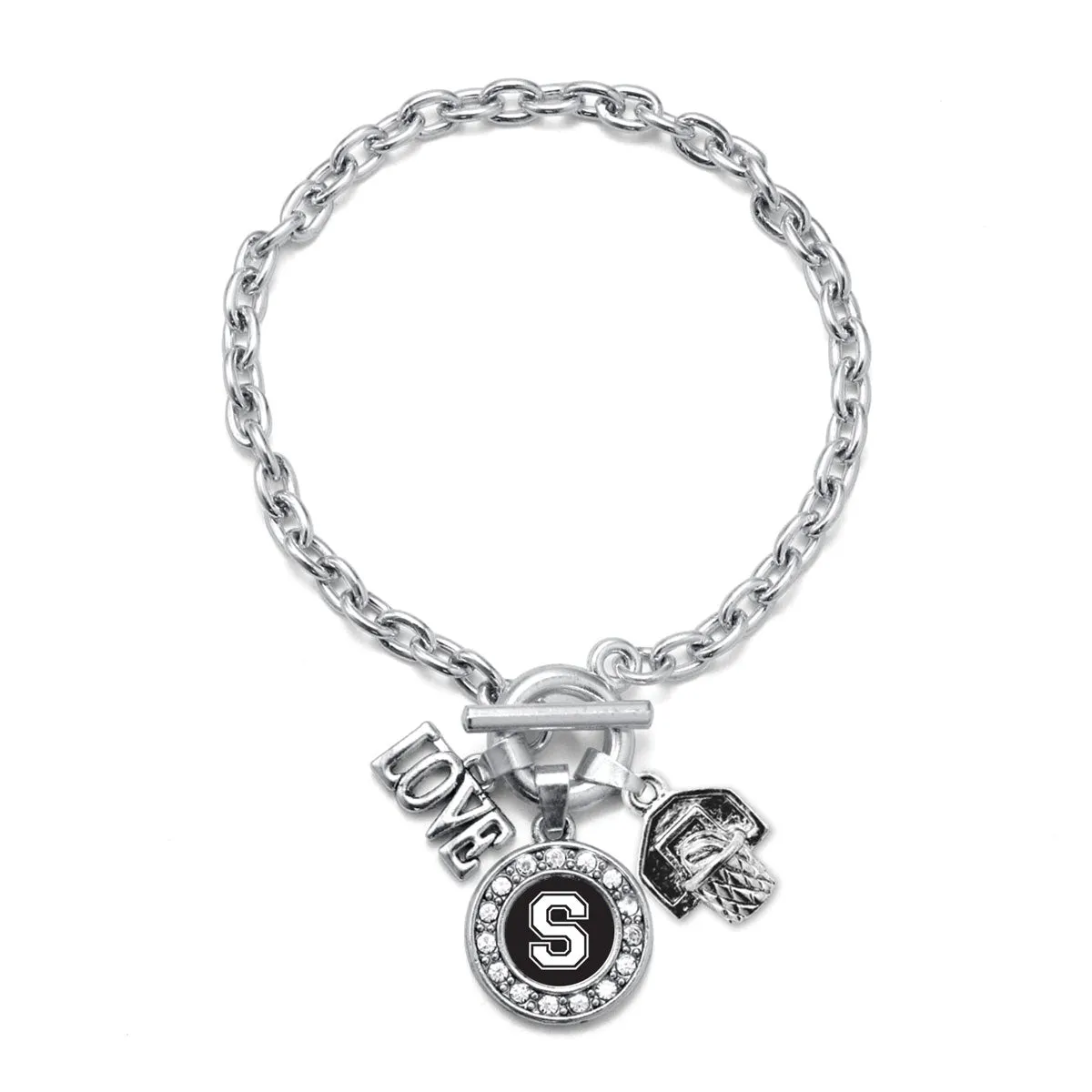 Silver Basketball Hoop - Sports Initial S Circle Charm Toggle Bracelet