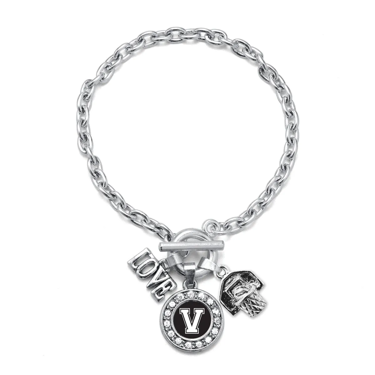 Silver Basketball Hoop - Sports Initial V Circle Charm Toggle Bracelet