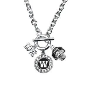 Silver Basketball Hoop - Sports Initial W Circle Charm Toggle Necklace