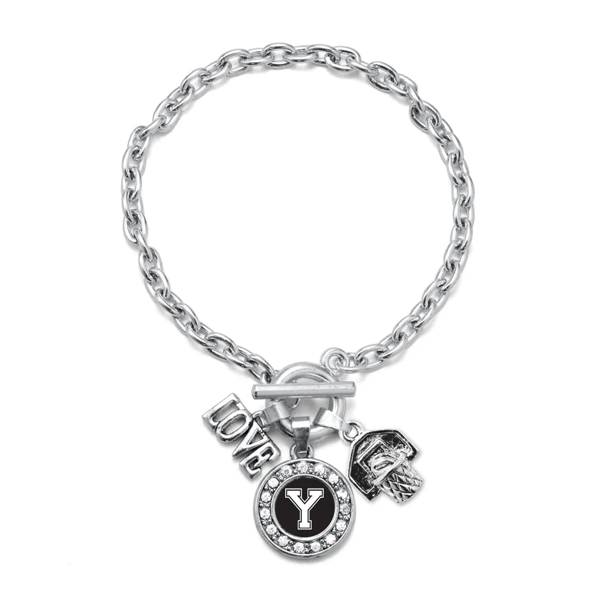 Silver Basketball Hoop - Sports Initial Y Circle Charm Toggle Bracelet