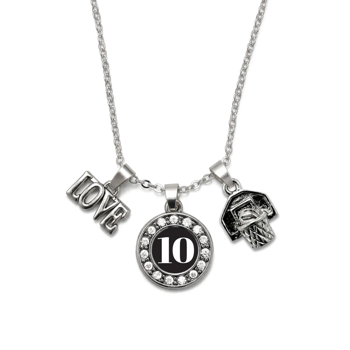 Silver Basketball Hoop - Sports Number 10 Circle Charm Classic Necklace