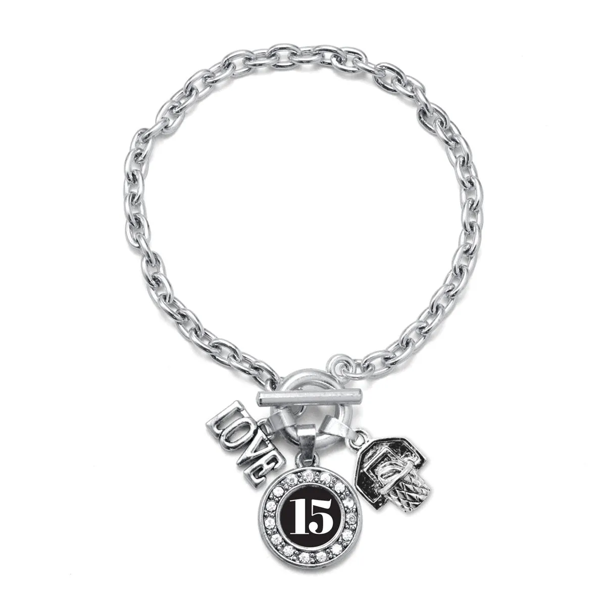 Silver Basketball Hoop - Sports Number 15 Circle Charm Toggle Bracelet