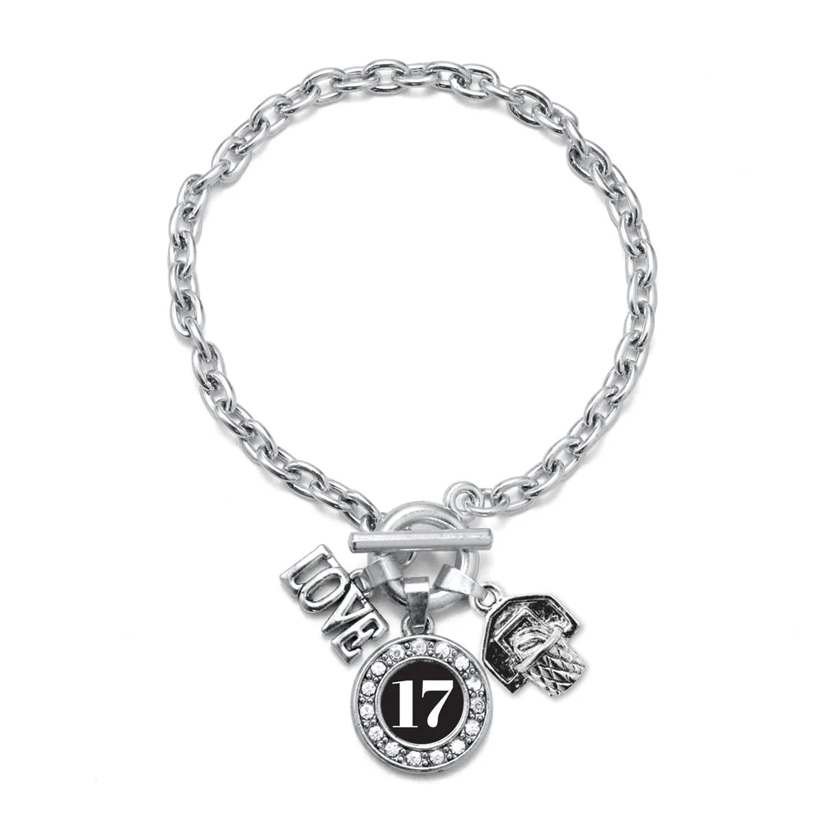 Silver Basketball Hoop - Sports Number 17 Circle Charm Toggle Bracelet