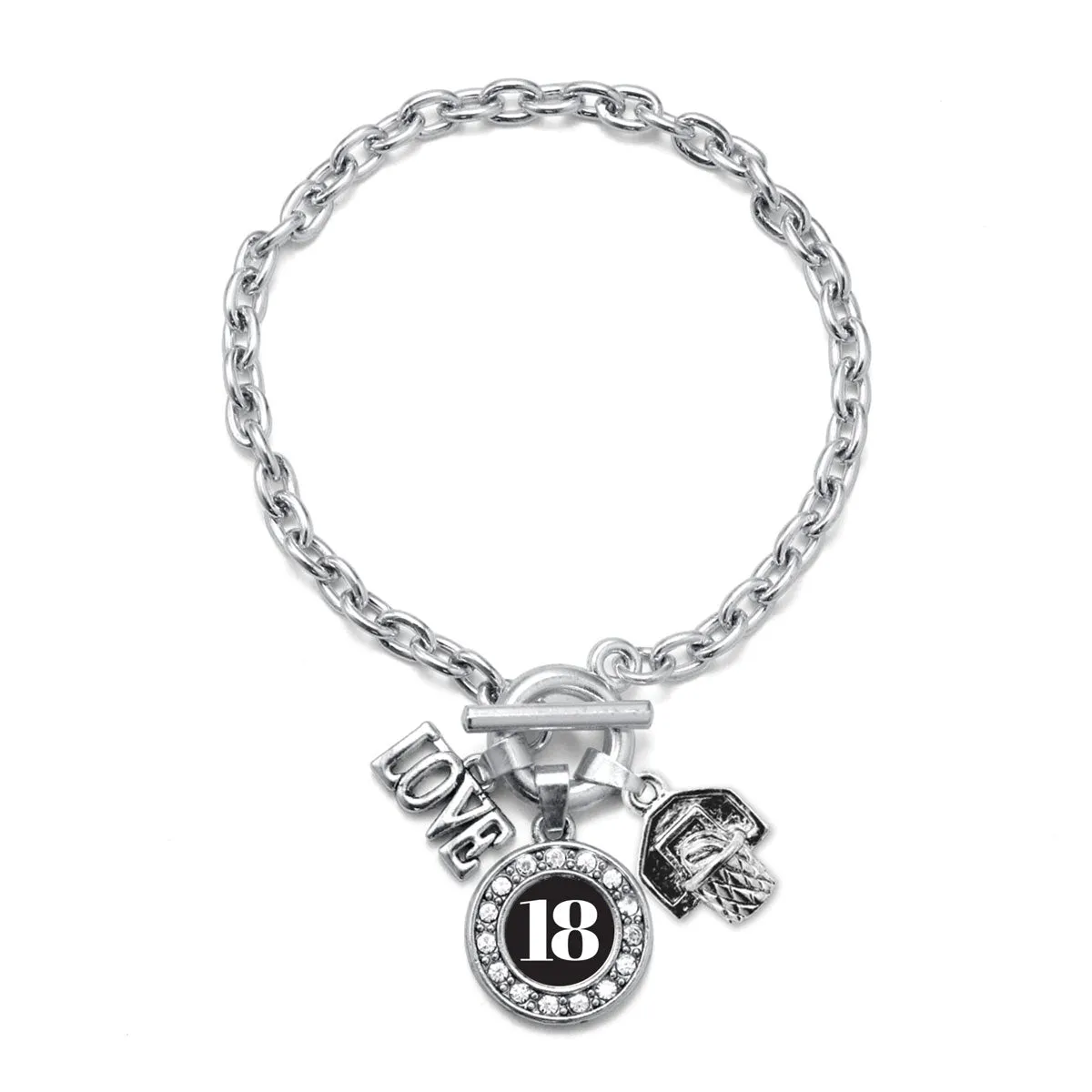 Silver Basketball Hoop - Sports Number 18 Circle Charm Toggle Bracelet