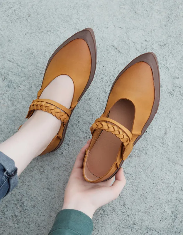 Spring Pointed Toe Retro Leather Flat Shoes