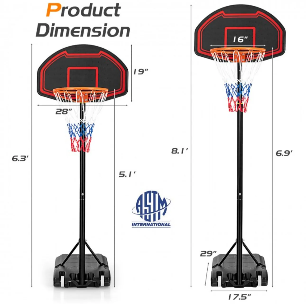 Super Cool 5-Level Adjustment Height Basketball Net Hoop Stand For Kids | 5.1-6.9FT | Heavy Duty Net | Wheels | Indoor | Outdoor