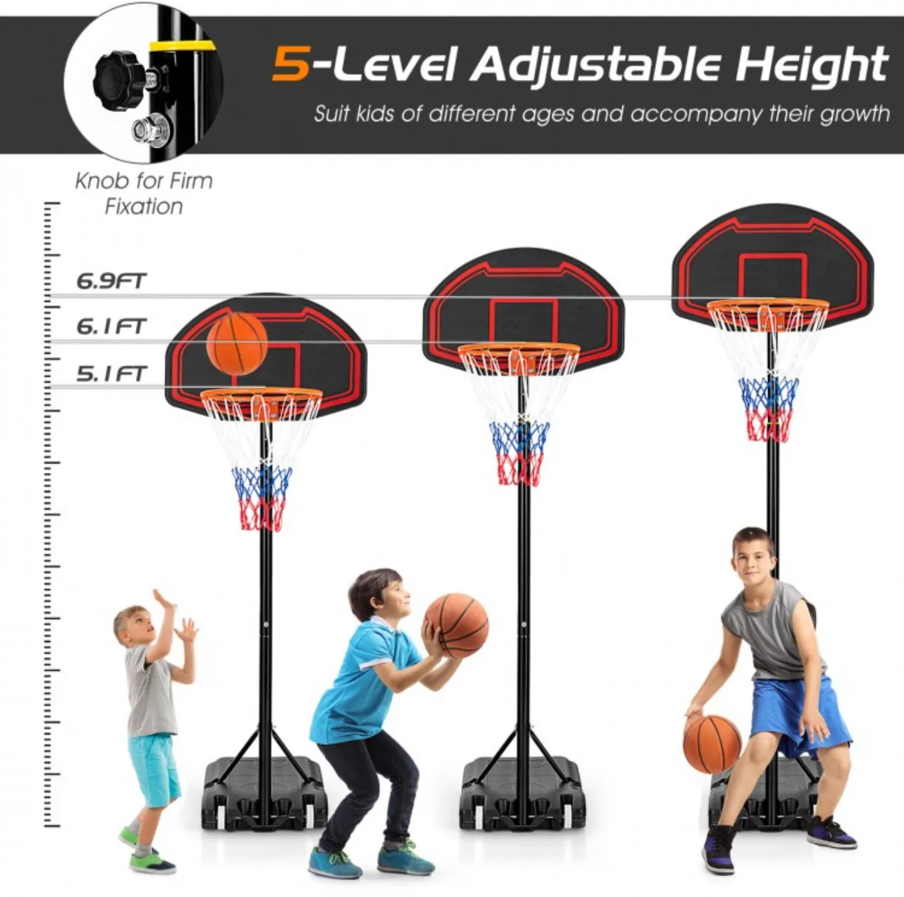 Super Cool 5-Level Adjustment Height Basketball Net Hoop Stand For Kids | 5.1-6.9FT | Heavy Duty Net | Wheels | Indoor | Outdoor