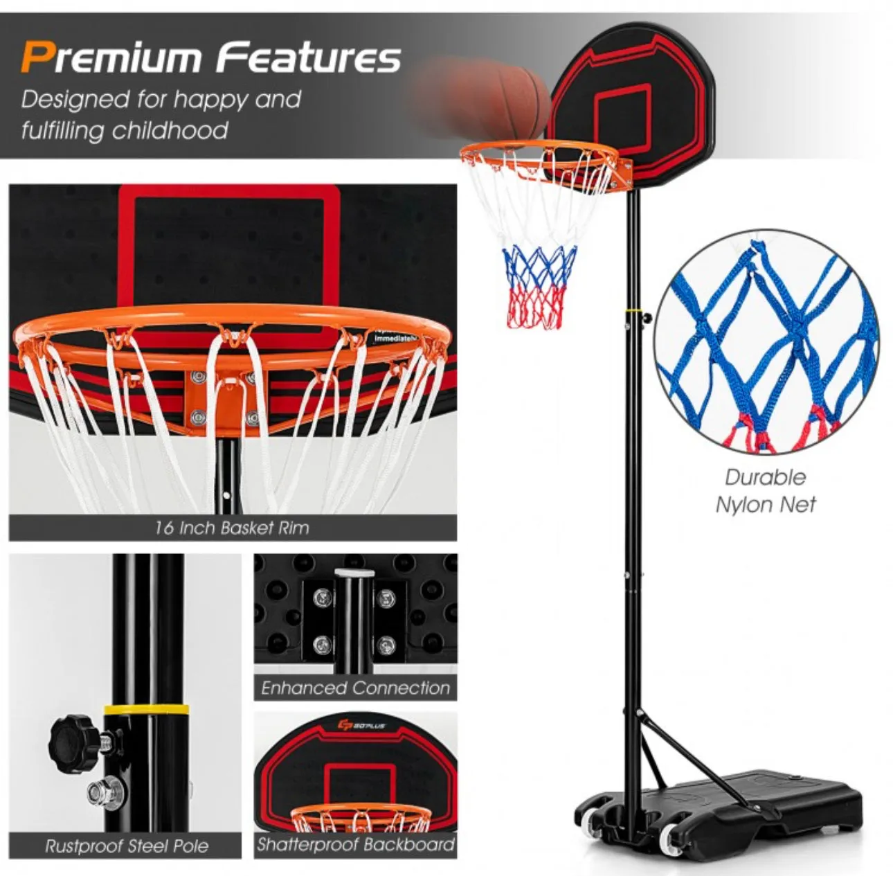 Super Cool 5-Level Adjustment Height Basketball Net Hoop Stand For Kids | 5.1-6.9FT | Heavy Duty Net | Wheels | Indoor | Outdoor