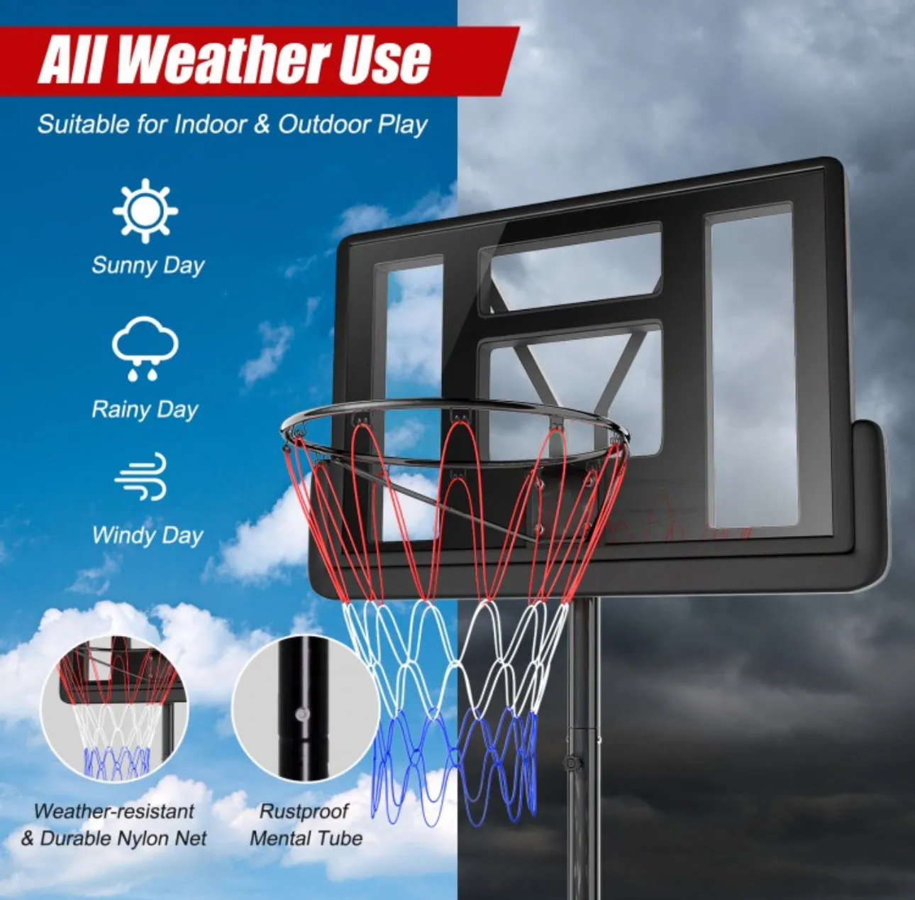 Super Cool Shatterproof Backboard Basketball Net Hoop With (2) Nets | Height Adjustable | Heavy Duty | Indoor | Outdoor | Easy Set Up | Sturdy Base