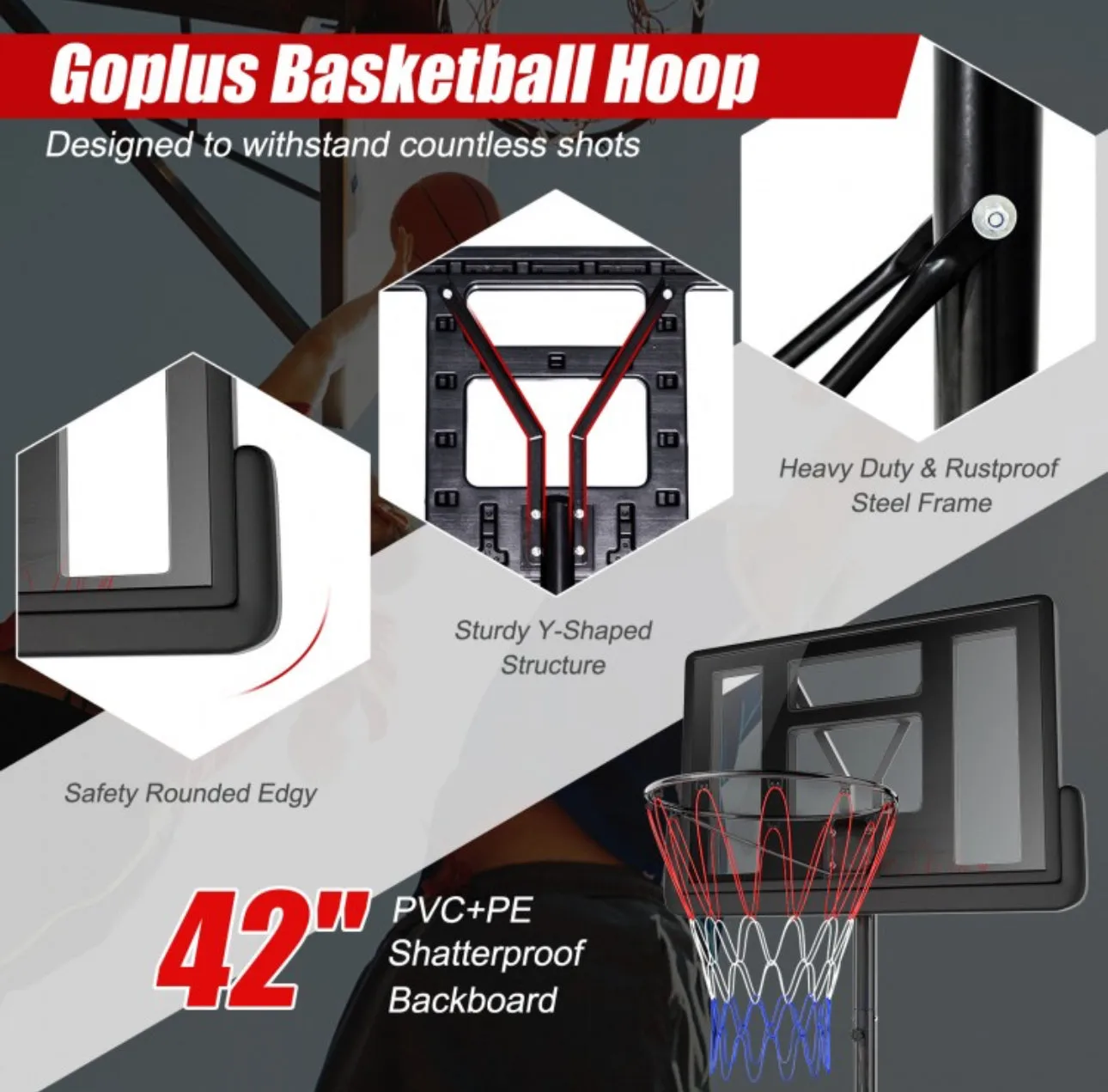 Super Cool Shatterproof Backboard Basketball Net Hoop With (2) Nets | Height Adjustable | Heavy Duty | Indoor | Outdoor | Easy Set Up | Sturdy Base