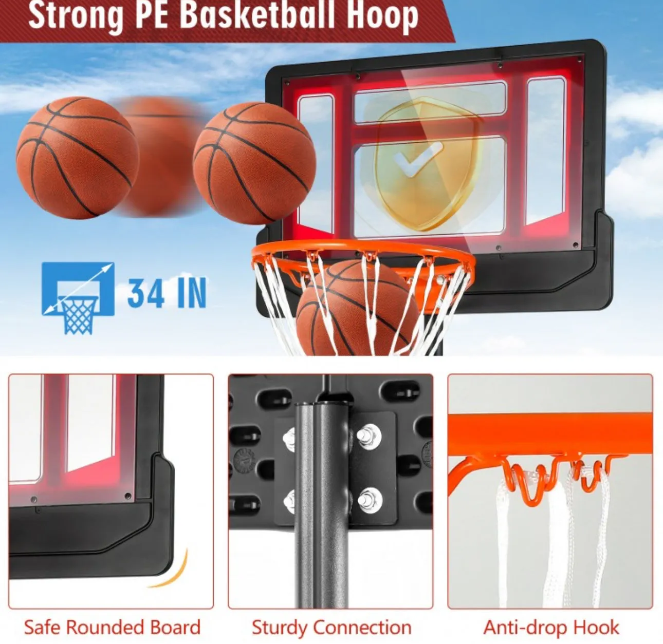 Super Fun Portable Adjustable Height Basketball Net Hoop With Wheels | 4.3ft-8.2ft | Indoor | Outdoor