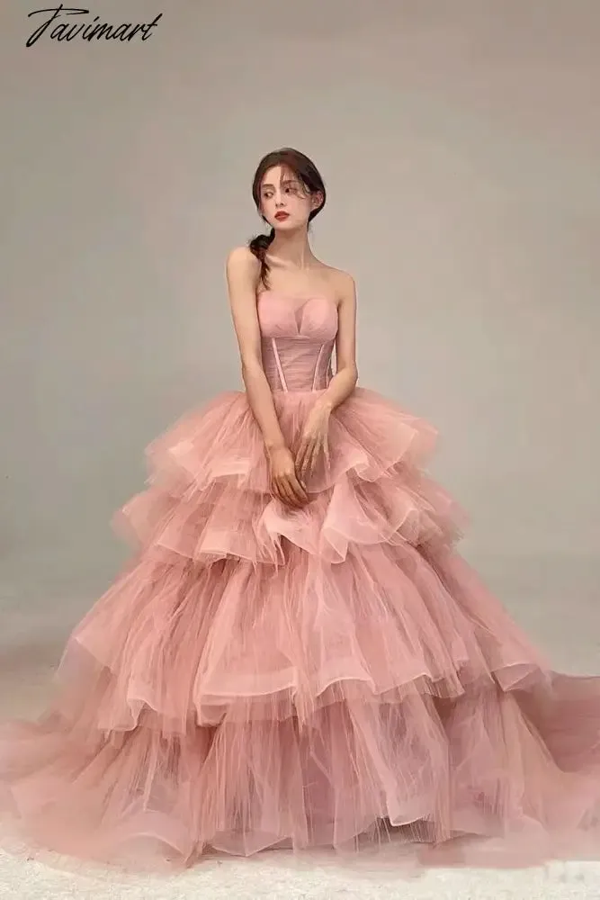 TAVIMART -  Sweet Pink Prom Dresses Flounce Applique Tulle Sleeveless Woman Ribbon Ball Gown Bridesmaid Plus Size Party Evening Gowns 2024