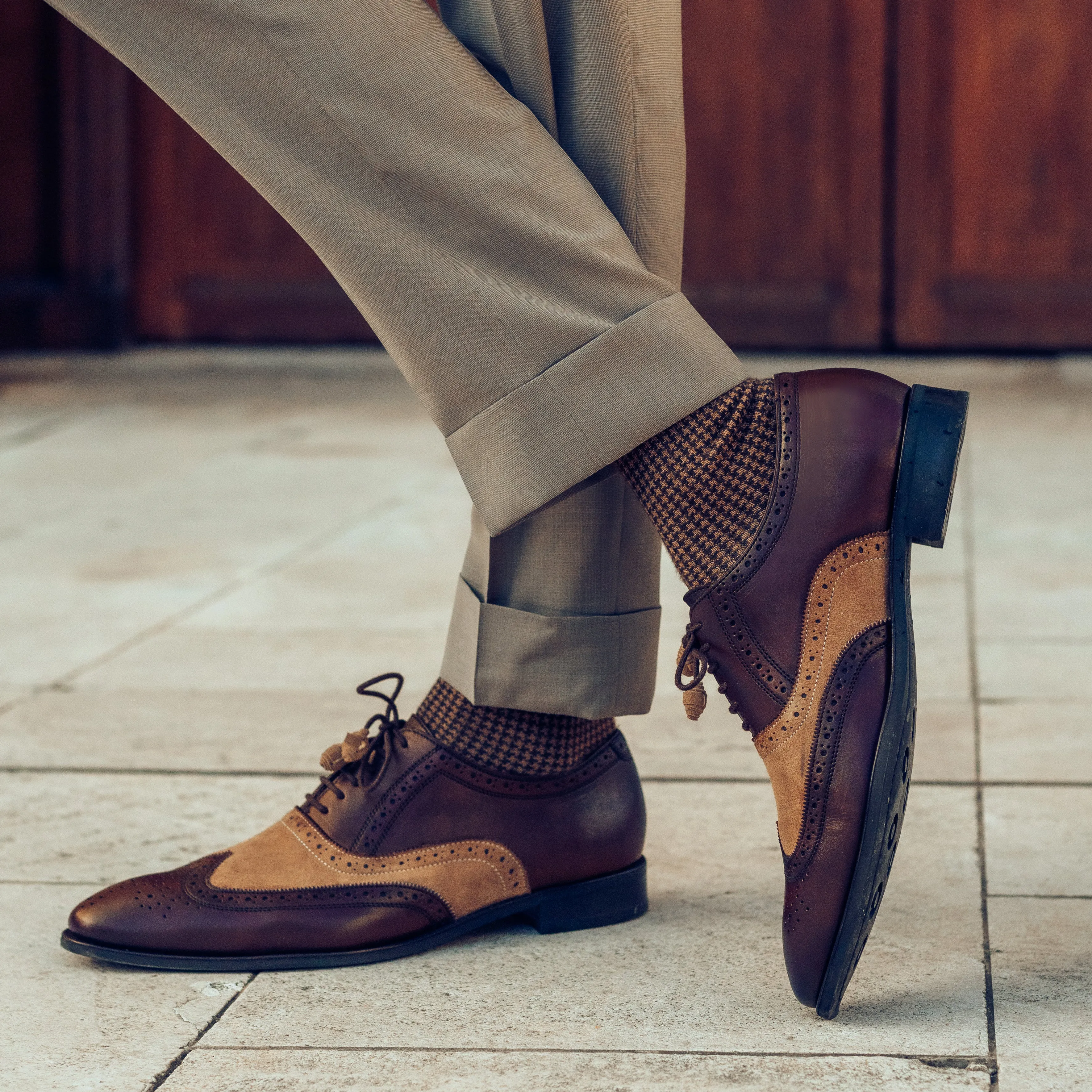 Travon - Men's Brown Calf Leather and Camel Kid Suede Oxford Shoe