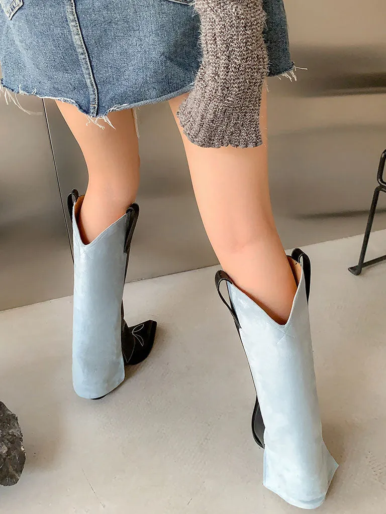 Two-tone Women's Chunky Heel Pointed Toe PU Leather Boho Boots