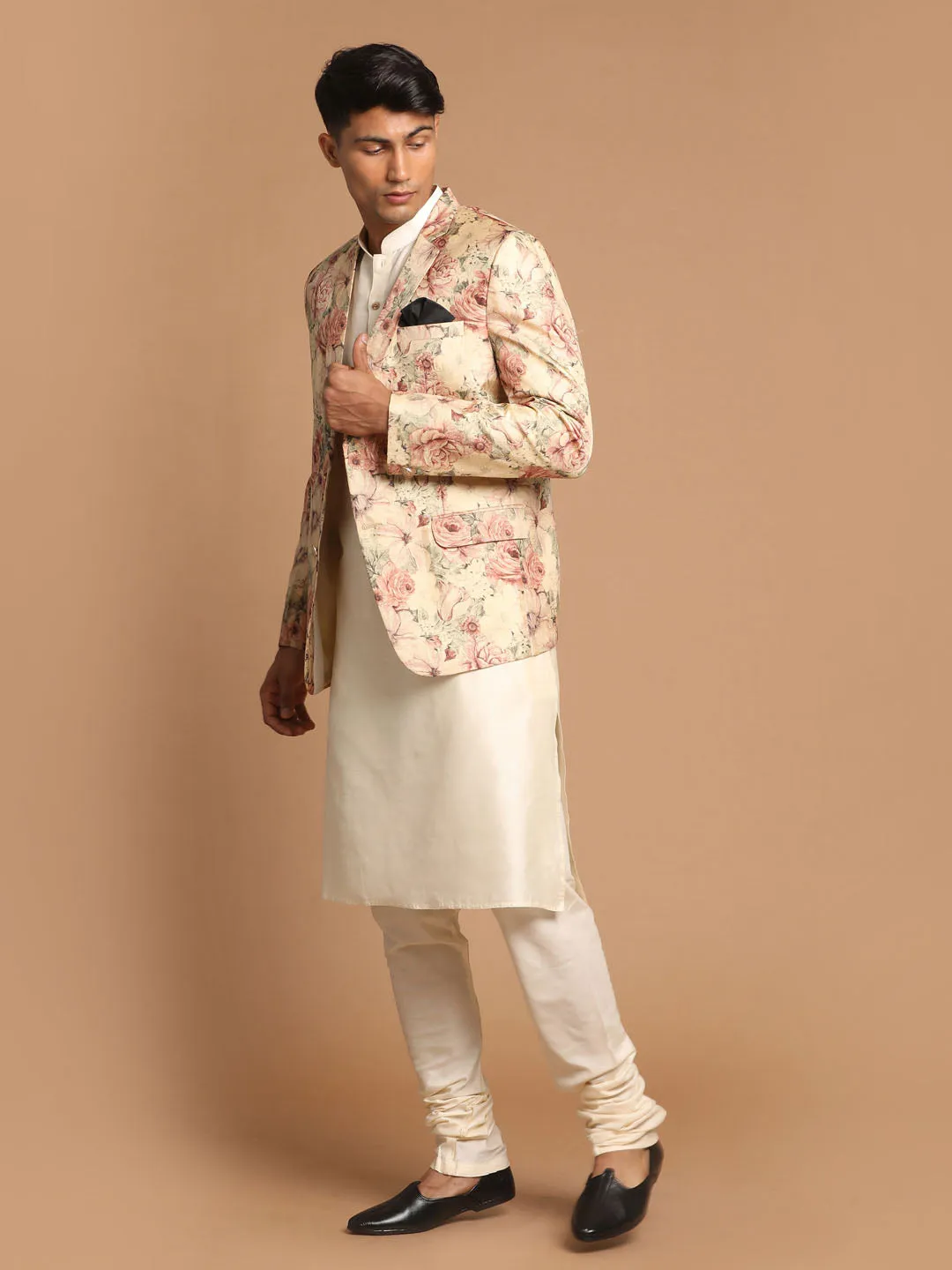 VASTRAMAY Beige Floral Blazer & Cream Kurta Set